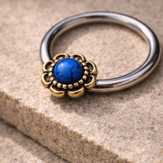 Stainless Steel Turquoise Flower Snap-in Captive Bead Ring / Septum Ring Captive Bead Impulse Piercings