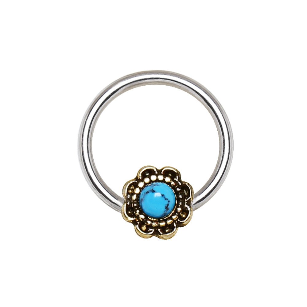 Stainless Steel Turquoise Flower Snap-in Captive Bead Ring / Septum Ring - Skin Metals