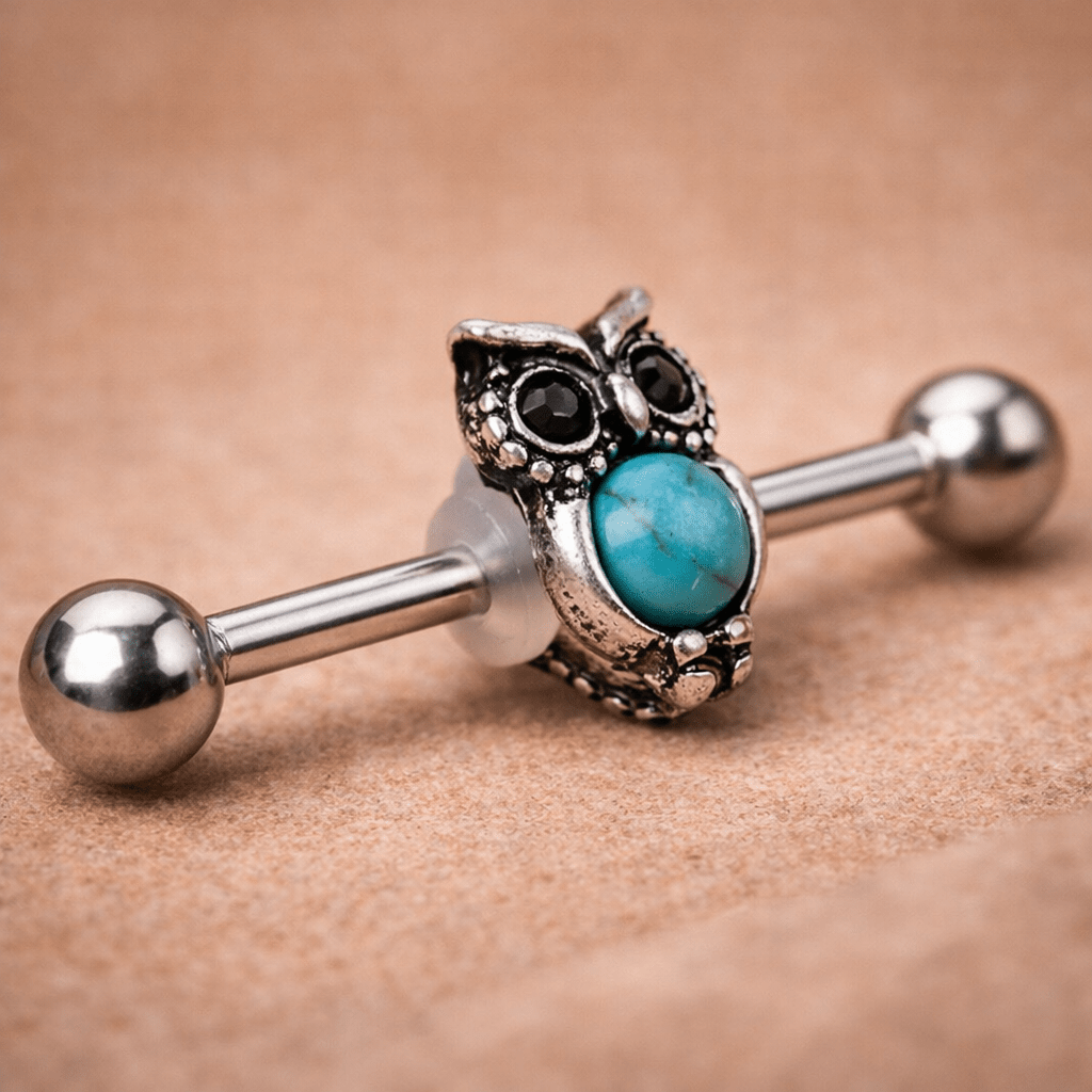 Stainless Steel Turquoise Owl Industrial Barbell Industrial Barbell Skin Metals
