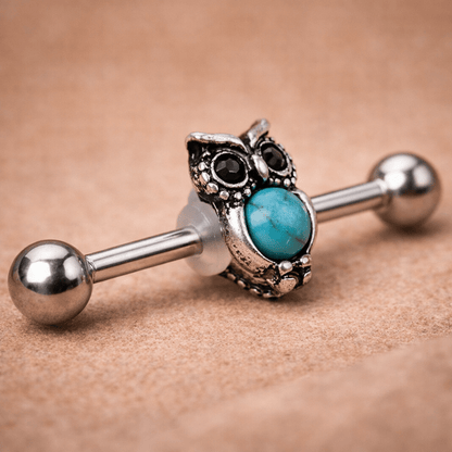 Stainless Steel Turquoise Owl Industrial Barbell Industrial Barbell Skin Metals