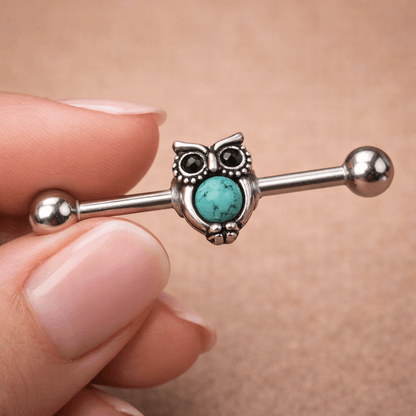 Stainless Steel Turquoise Owl Industrial Barbell Industrial Barbell Skin Metals