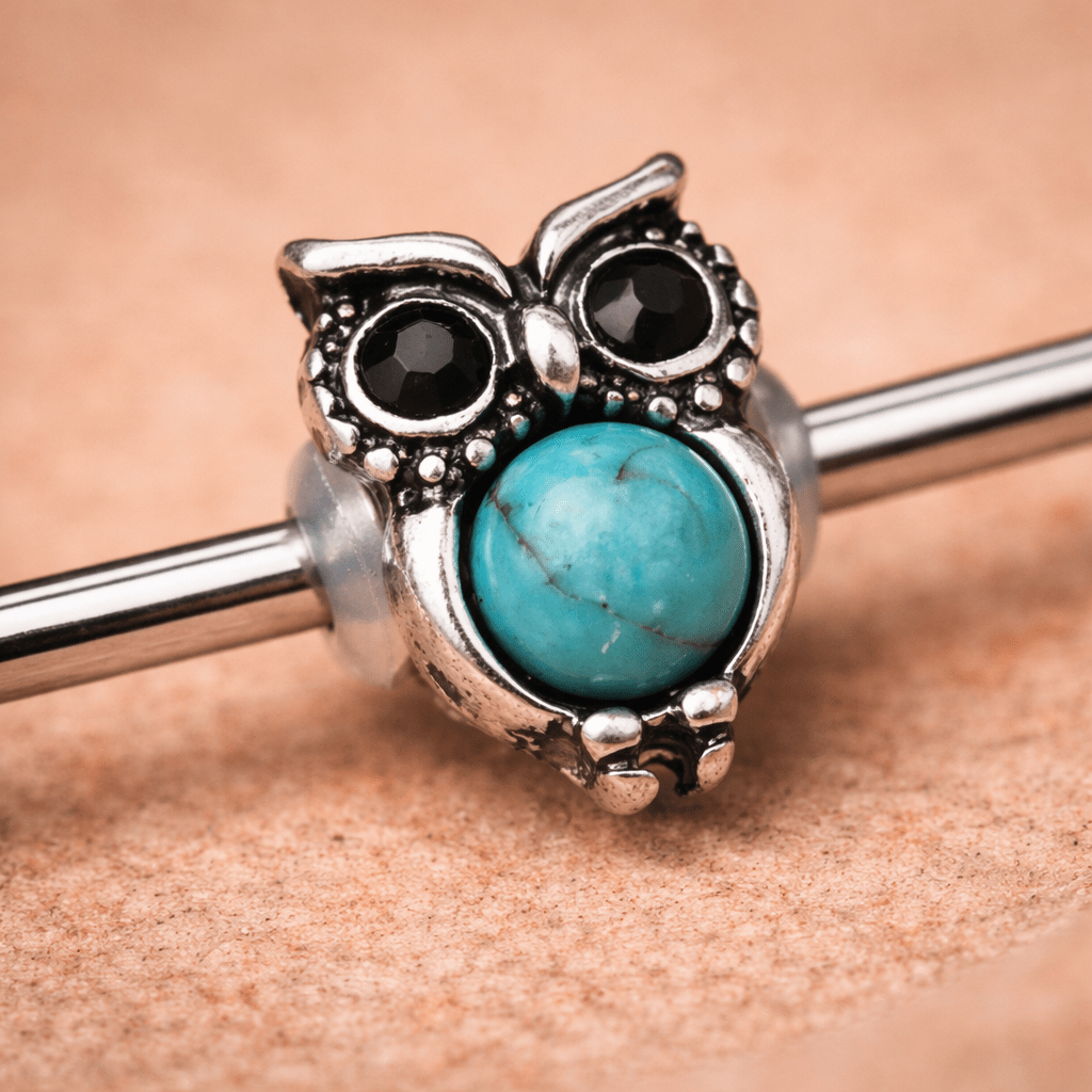 Stainless Steel Turquoise Owl Industrial Barbell Industrial Barbell Skin Metals