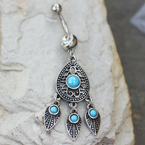 Stainless Steel Turquoise Teardrop and Feather Dangle Navel Ring