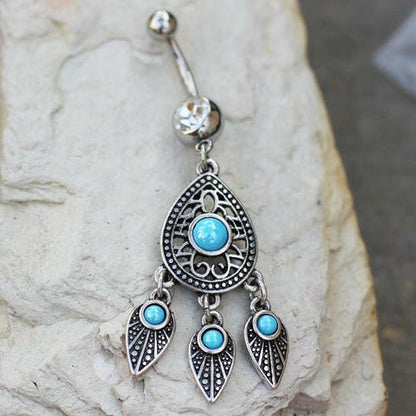 Stainless Steel Turquoise Teardrop and Feather Dangle Navel Ring