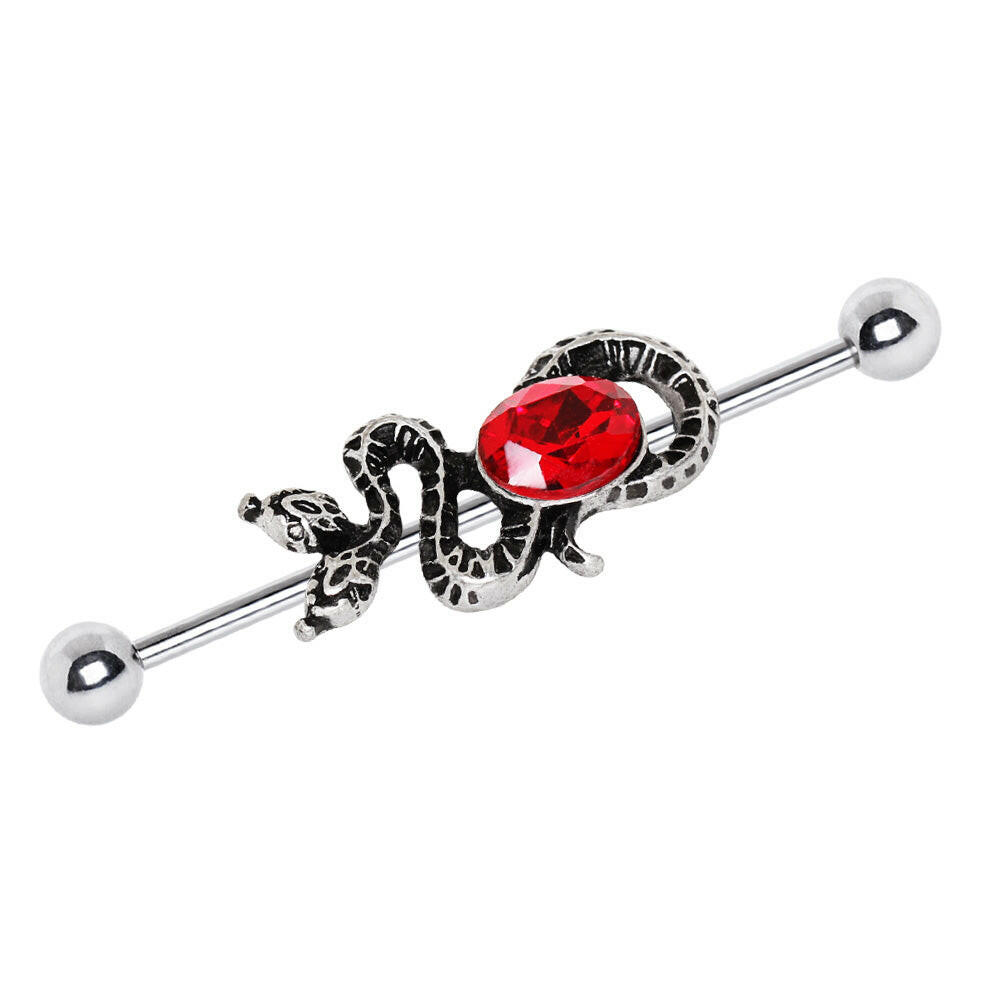 Stainless Steel Two-Headed Snake with Ruby Red CZ Industrial Barbell Industrial Barbell Impulse Piercings