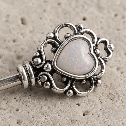Stainless Steel Victorian Heart Key Industrial Barbell with Synthetic Opal - Skin Metals