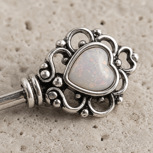 Stainless Steel Victorian Heart Key Industrial Barbell with Synthetic Opal - Skin Metals