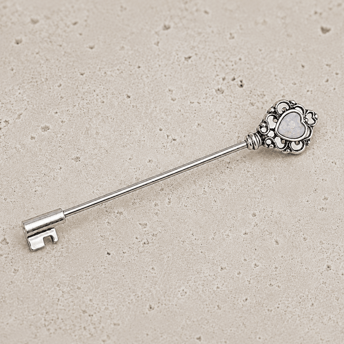 Stainless Steel Victorian Heart Key Industrial Barbell with Synthetic Opal - Skin Metals
