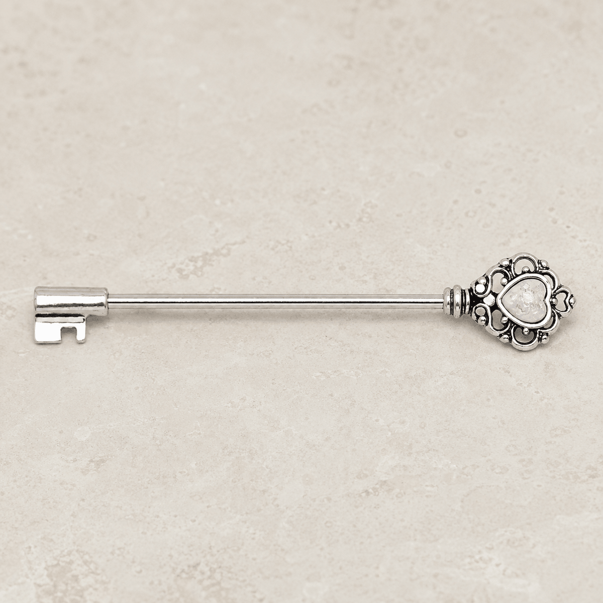 Stainless Steel Victorian Heart Key Industrial Barbell with Synthetic Opal - Skin Metals