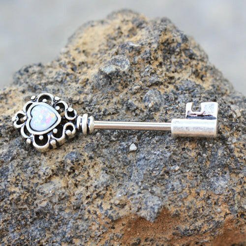 Stainless Steel Victorian Key Nipple Bar with Synthetic Opal Nipple Ring Impulse Piercings