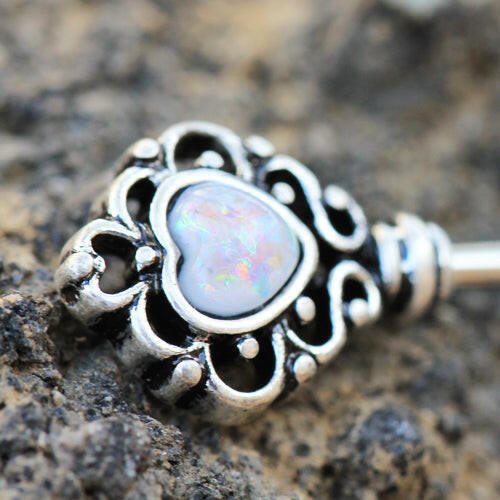 Stainless Steel Victorian Key Nipple Bar with Synthetic Opal Nipple Ring Impulse Piercings