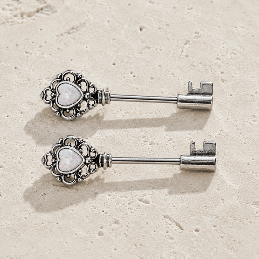 Stainless Steel Victorian Key Nipple Bar with Synthetic Opal - Skin Metals