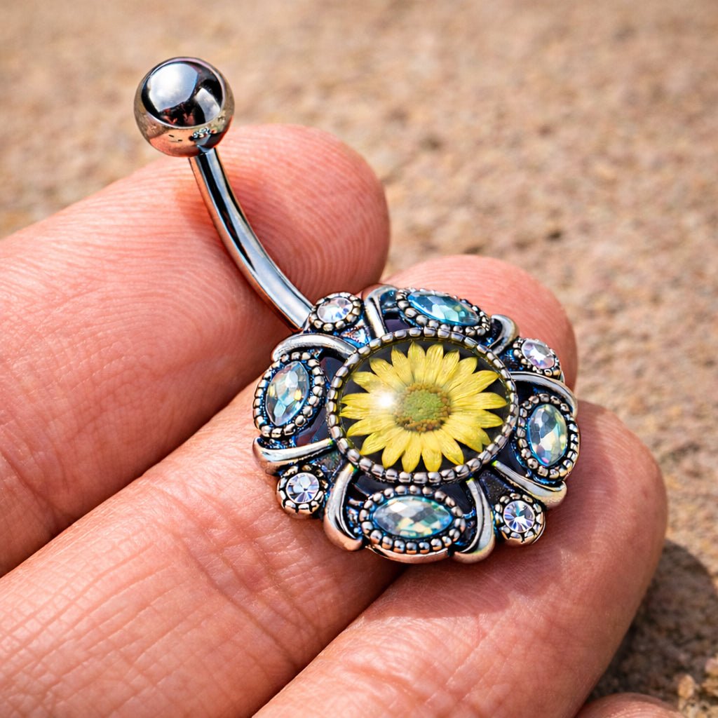 Stainless Steel Victorian Yellow Daisy Navel Ring - Skin Metals