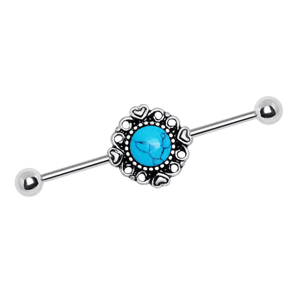 Stainless Steel Vintage Charm Industrial Barbell with Turquoise Stone Industrial Barbell Impulse Piercings