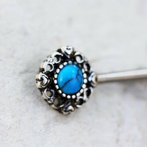 Stainless Steel Vintage Charm Nipple Bar with Turquoise Stone