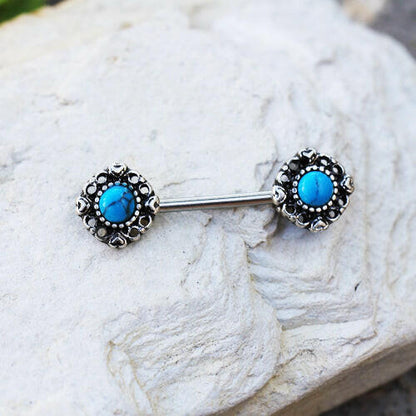 Stainless Steel Vintage Charm Nipple Bar with Turquoise Stone Nipple Ring Impulse Piercings