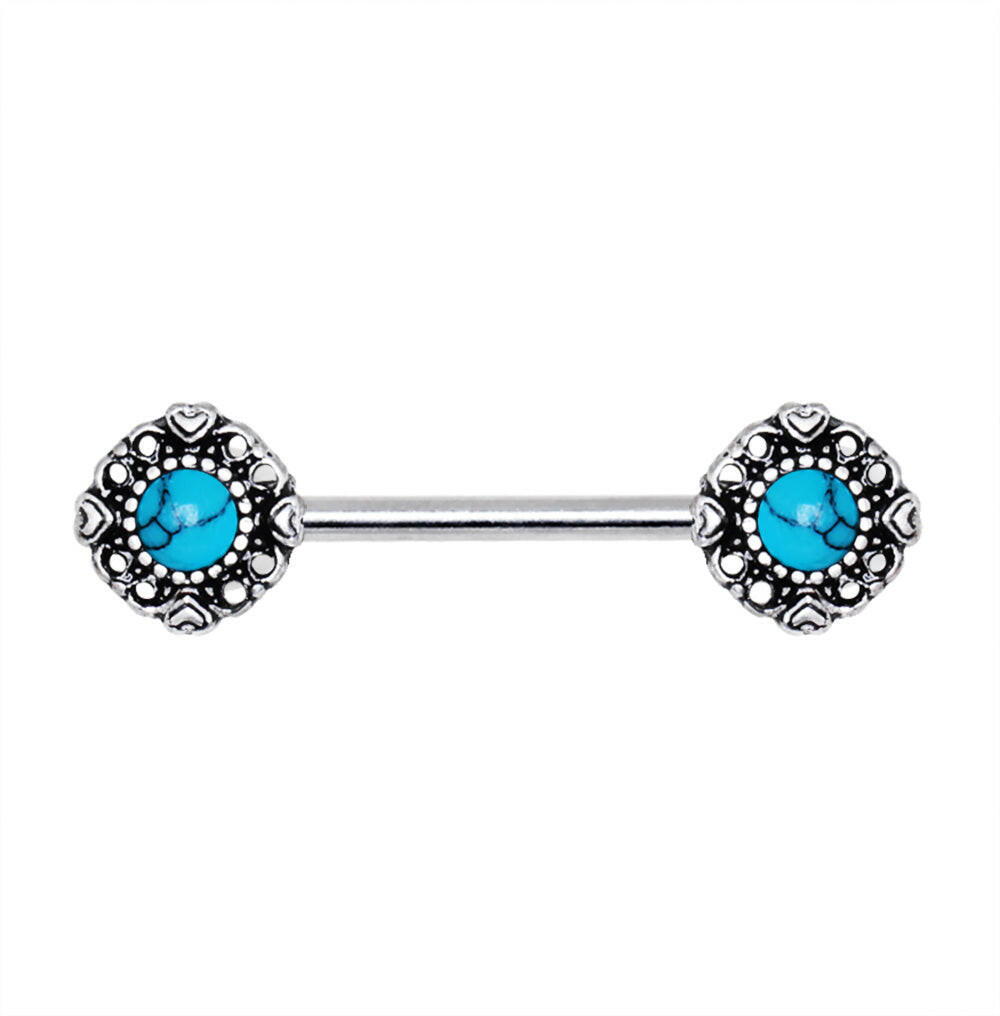 Stainless Steel Vintage Charm Nipple Bar with Turquoise Stone Nipple Ring Impulse Piercings