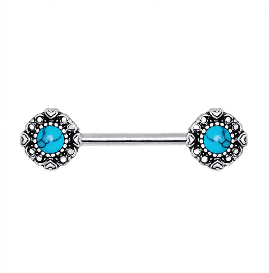 Stainless Steel Vintage Charm Nipple Bar with Turquoise Stone Nipple Ring Impulse Piercings