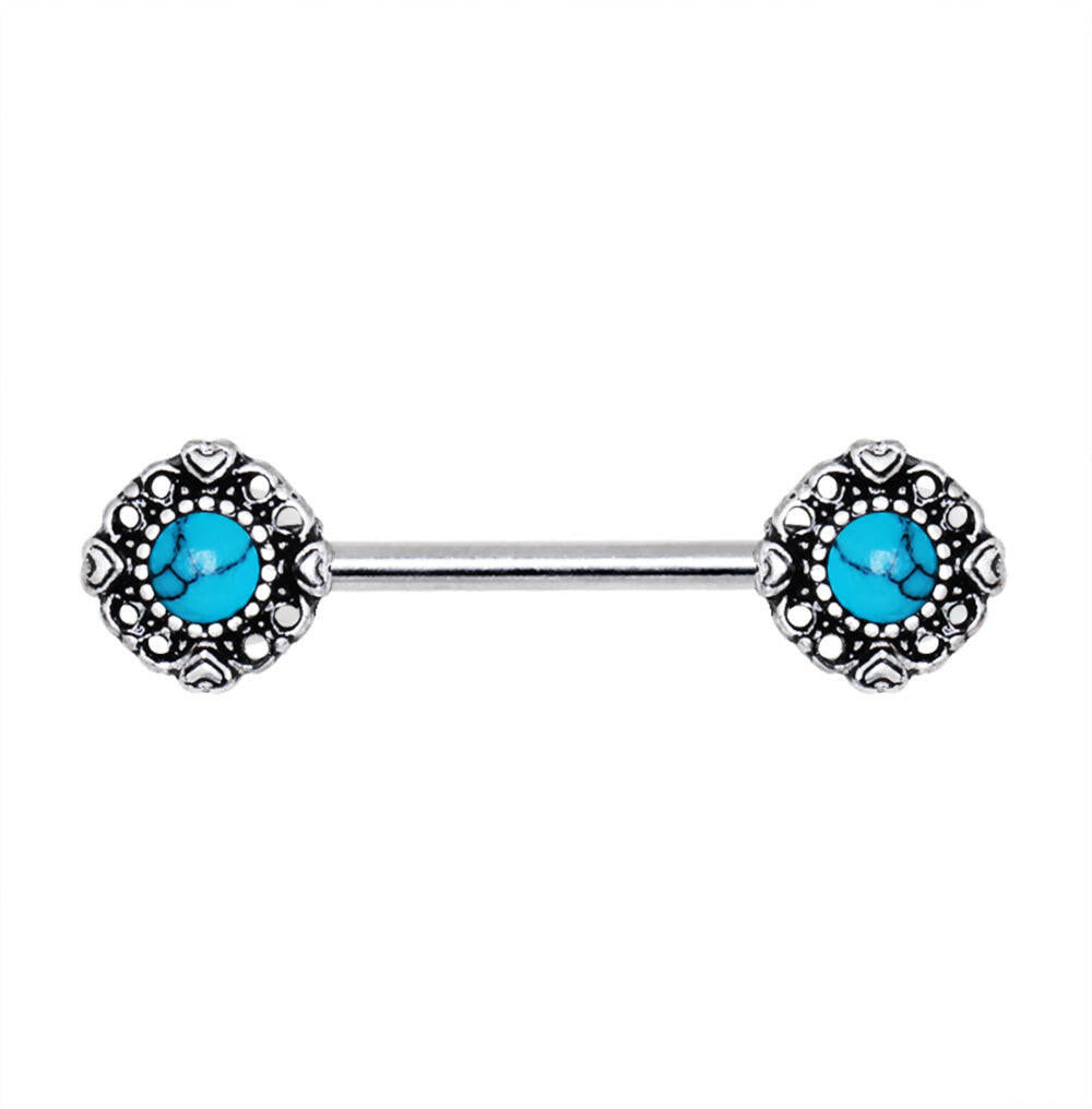 Stainless Steel Vintage Charm Nipple Bar with Turquoise Stone