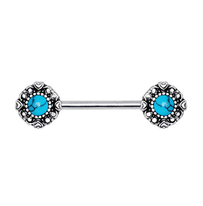 Stainless Steel Vintage Charm Nipple Bar with Turquoise Stone
