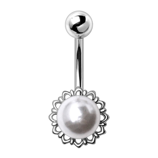 Stainless Steel White Faux Pearl Navel Ring