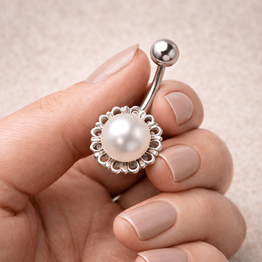 Stainless Steel White Faux Pearl Navel Ring Navel Ring Impulse Piercings