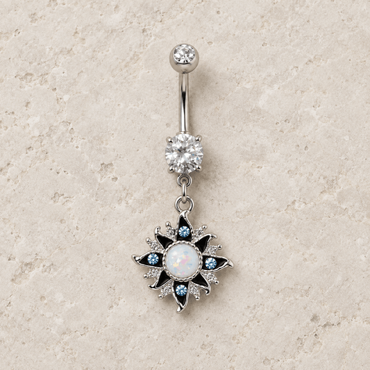 Stainless Steel White Opal Sunburst Navel Ring - Skin Metals