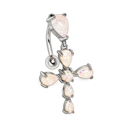 White synthetic opal cross top down navel ring on white background, 14G rainbow opal 316L stainless steel belly ring