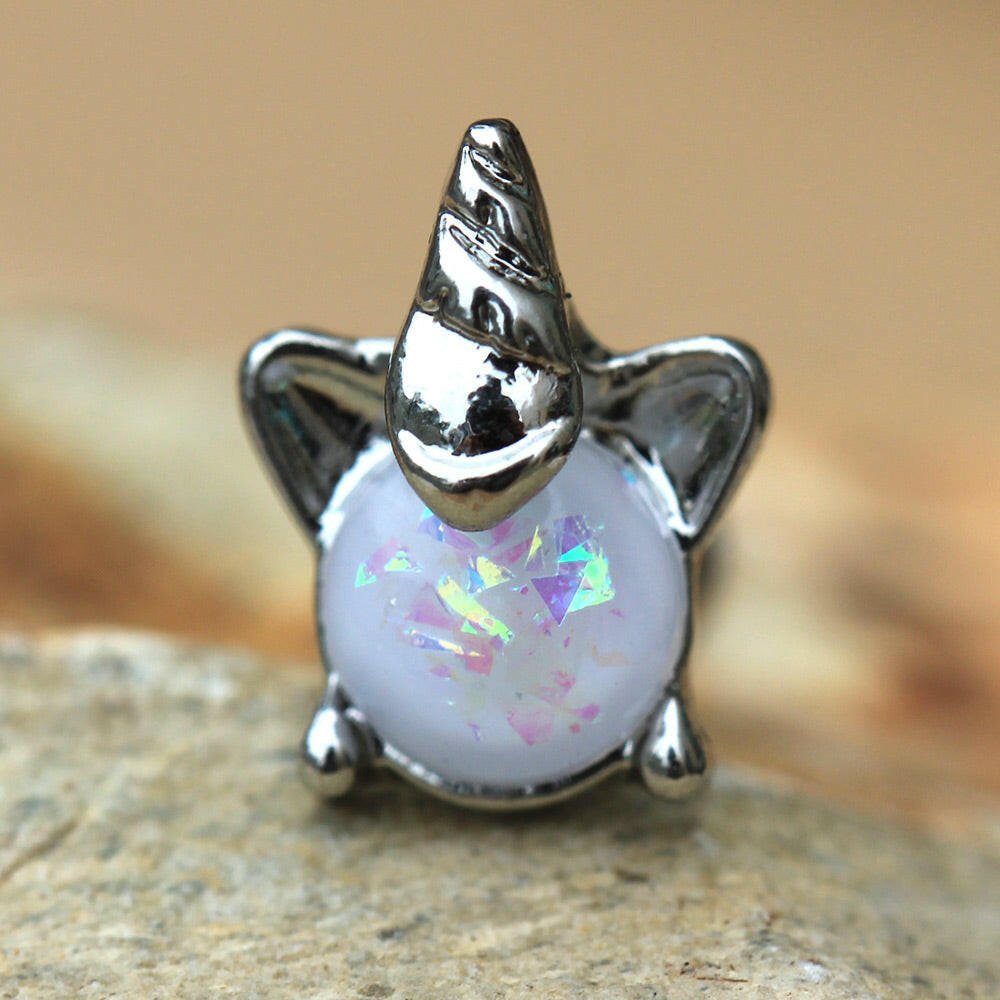 Stainless Steel White Synthetic Opal Unicorn Cartilage Earring