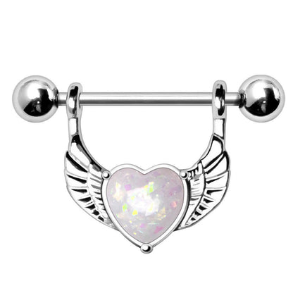 Stainless Steel White Synthetic Opal Winged Heart Nipple Ring