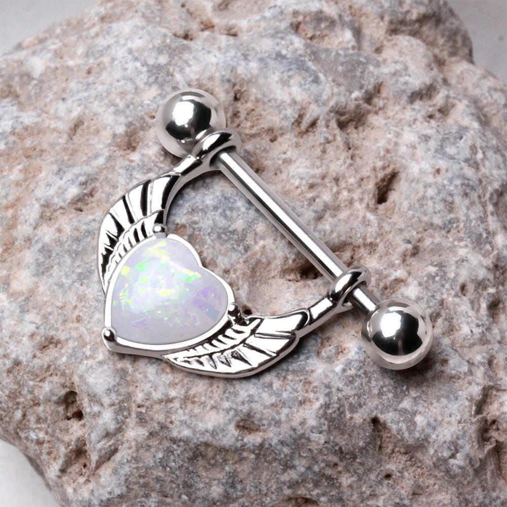 Stainless Steel White Synthetic Opal Winged Heart Nipple Ring