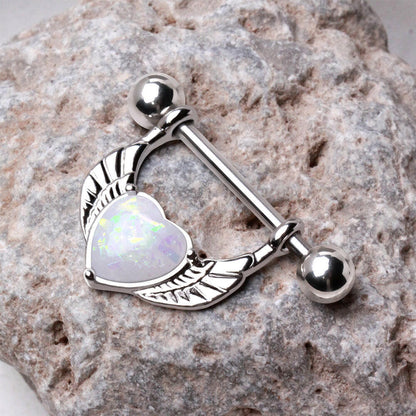 Stainless Steel White Synthetic Opal Winged Heart Nipple Ring