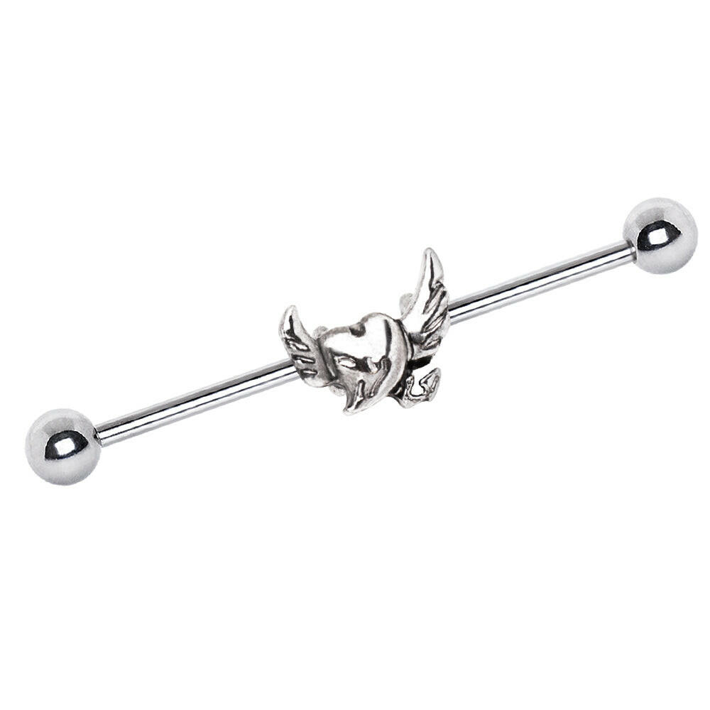 Stainless Steel Winged Devil's Heart Industrial Barbell Industrial Barbell Impulse Piercings