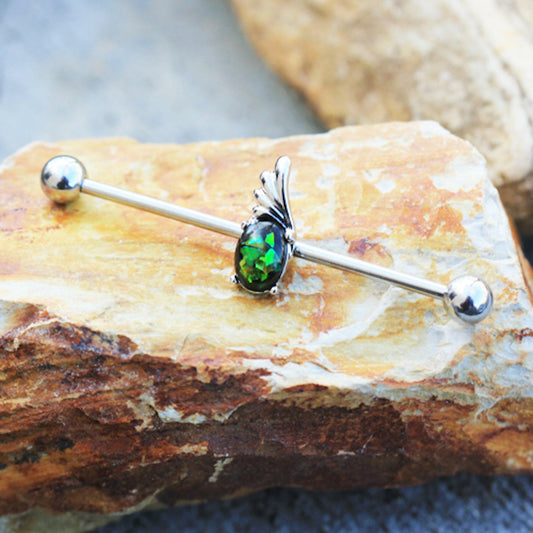 Stainless Steel Winged Green Synthetic Opal Industrial Barbell