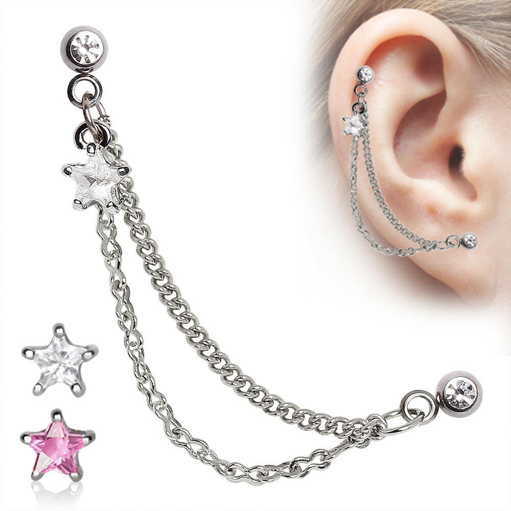 Star 316L Surgical Steel Double Chained Cartilage Earring Cartilage Impulse Piercings Clear