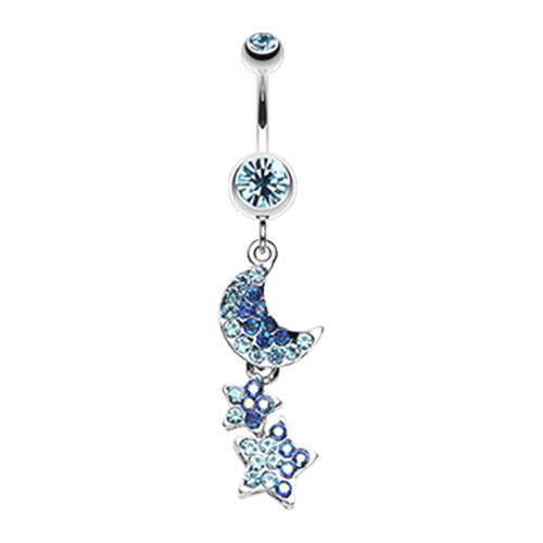 Star and Moon Lit Sky Belly Button Ring Navel Ring Impulse Piercings Aqua