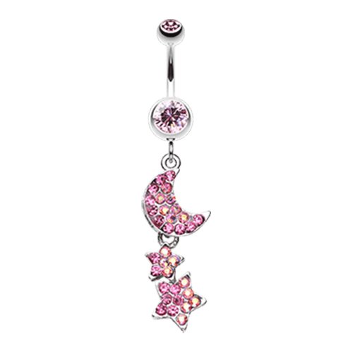 Star and Moon Lit Sky Belly Button Ring Navel Ring Impulse Piercings Light Pink