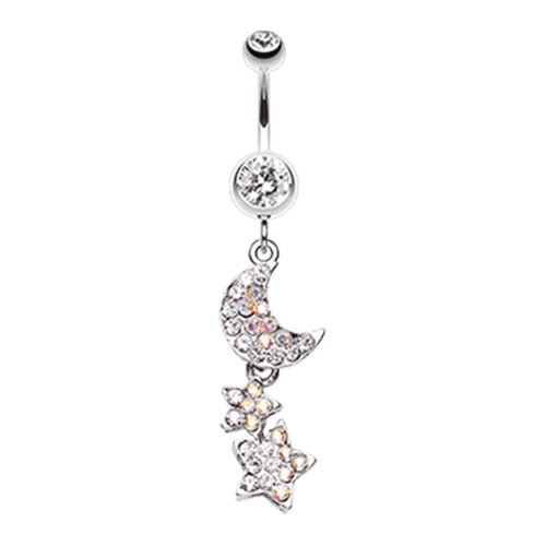 Star and Moon Lit Sky Belly Button Ring Navel Ring Impulse Piercings Clear