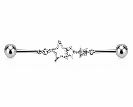 Star Chain Industrial Barbell 14G CZ Scaffold Ear Piercing 316L Stainless Steel - Skin Metals