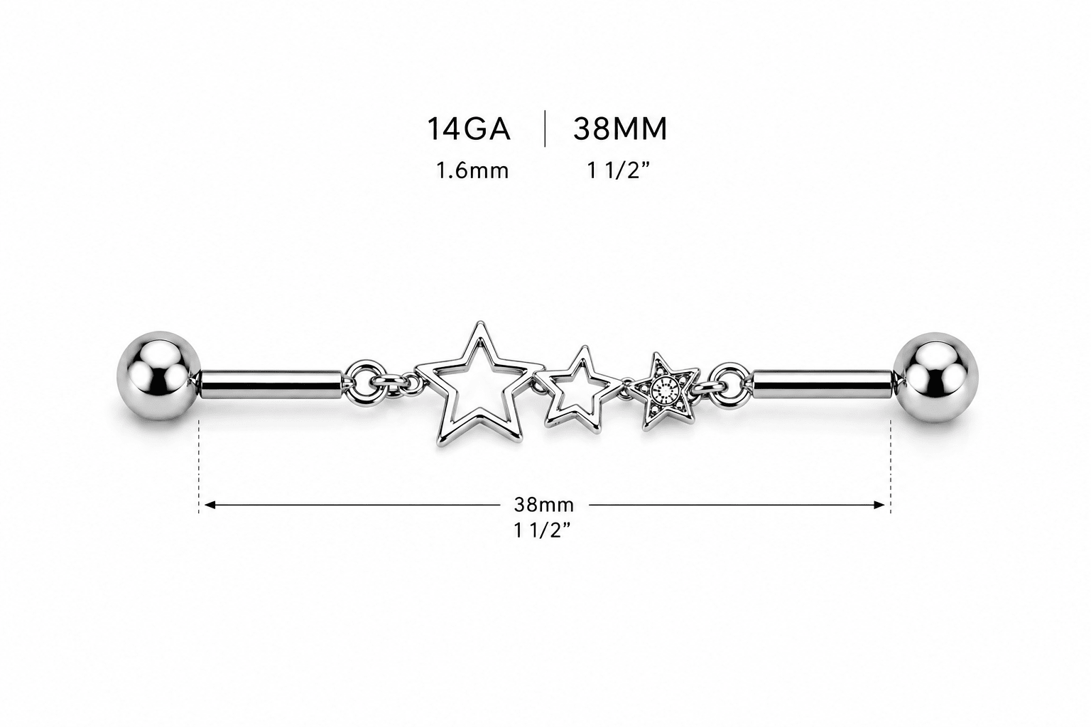 Star Chain Industrial Barbell 14G CZ Scaffold Ear Piercing 316L Stainless Steel - Skin Metals
