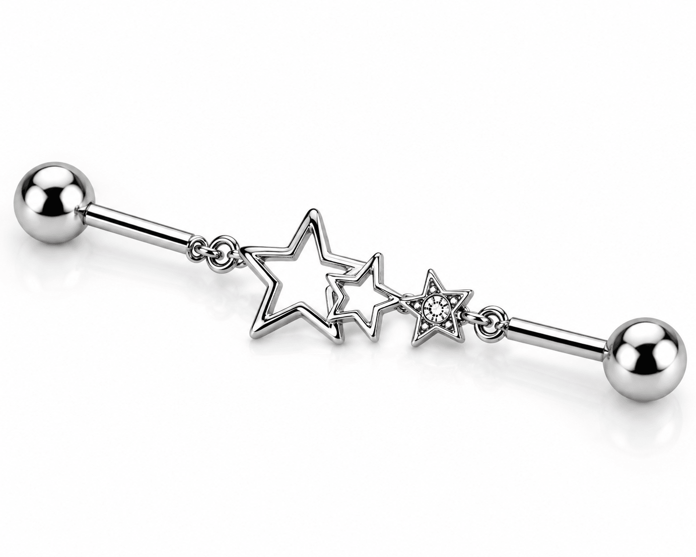 Star Chain Industrial Barbell 14G CZ Scaffold Ear Piercing 316L Stainless Steel - Skin Metals