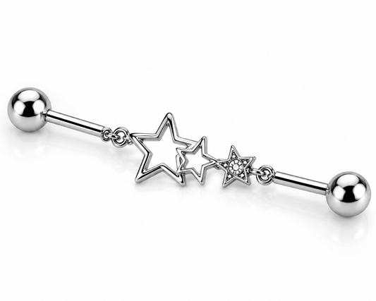 Star Chain Industrial Barbell 14G CZ Scaffold Ear Piercing 316L Stainless Steel - Skin Metals
