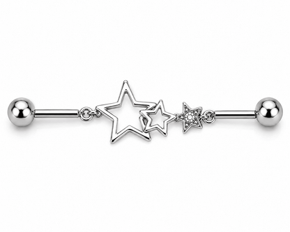 Star Chain Industrial Barbell 14G CZ Scaffold Ear Piercing 316L Stainless Steel - Skin Metals