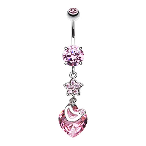 Star Heart Gem Sparkle Cubic Zirconia Belly Button Ring Navel Ring Impulse Piercings Pink