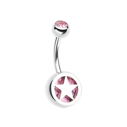 Star Holographic Glitter Inlay Steel Belly Button Ring Navel Ring Impulse Piercings Pink