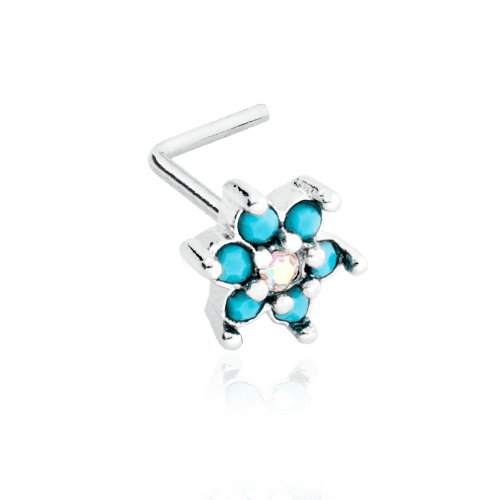 Steel Turquoise Spring Flower Sparkle Prong Set L-Shaped Nose Ring Nose Ring Impulse Piercings