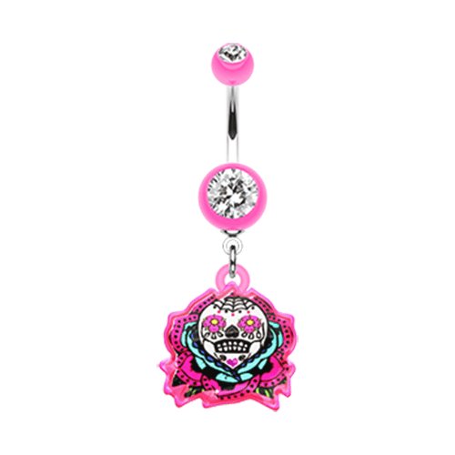 Sugar Skull Rose Belly Button Ring Navel Ring Impulse Piercings Pink