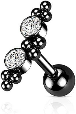 Surgical Steel 2 CZ and Ball Clusters Cartilage Barbell Cartilage Impulse Piercings Black