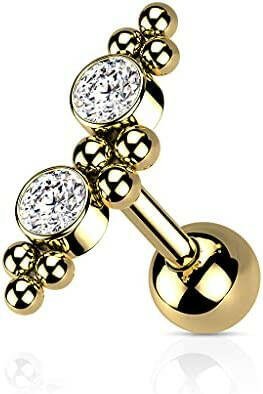 Surgical Steel 2 CZ and Ball Clusters Cartilage Barbell Cartilage Impulse Piercings Gold