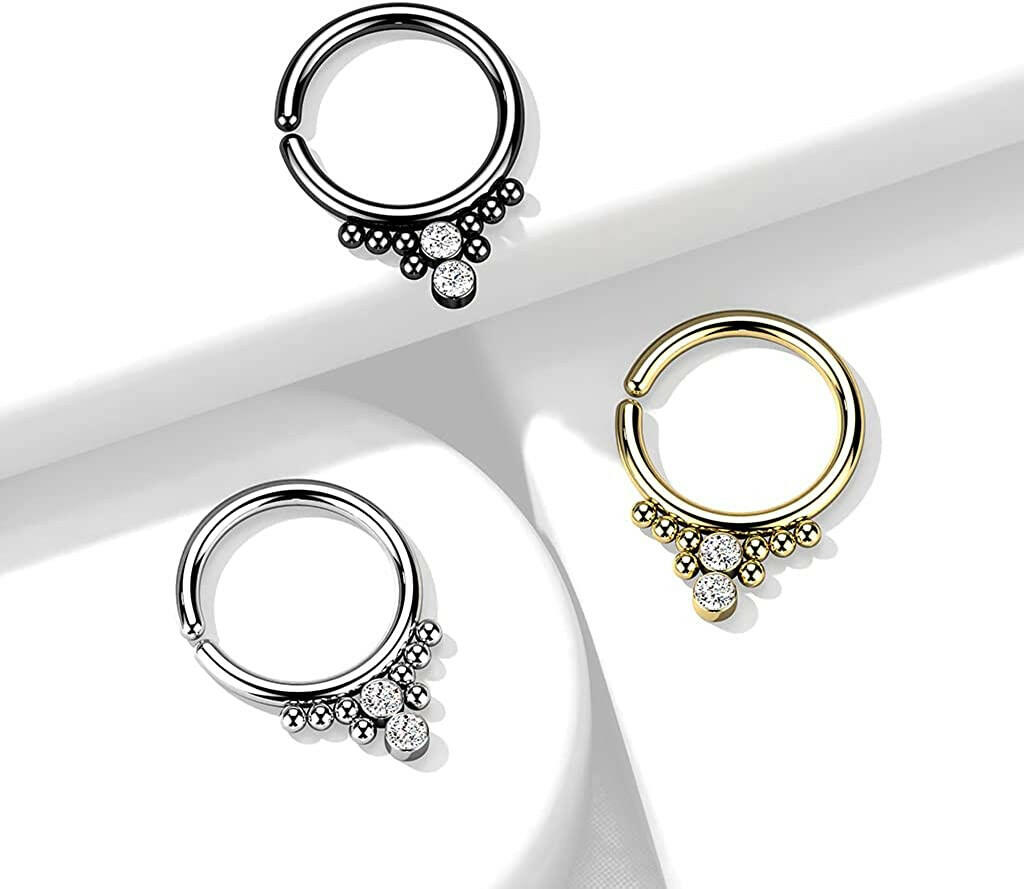 Surgical Steel 2 Round CZ Flat Balls and Cluster Beads Bendable Hoop Ring Nose Ring, cartilage ring Impulse Piercings